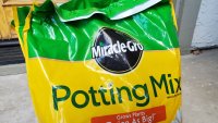 Close-up of bag with logo of Miracle-Gro Potting Mix for gardening, San Ramon, California, May 19, 2020.