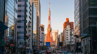 Cityscape and Tokyo Tower at sunset, Tokyo, Japan.