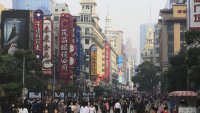 The view of Nanjing Road East Pedestrian Mall, the main shopping street in Shanghai.