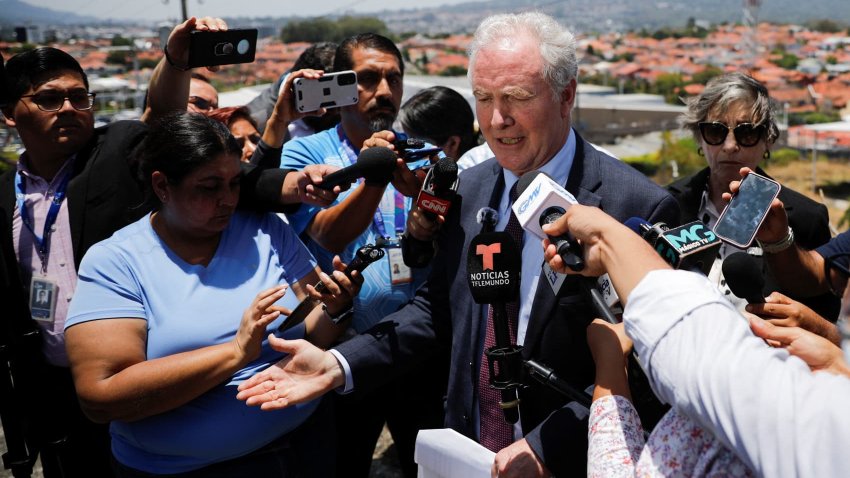 U.S. Senator Chris Van Hollen (D-MD) speaks to the media during a visit to El Salvador to advocate for the release of Kilmar Abrego Garcia in San Salvador, El Salvador, April 16, 2025.