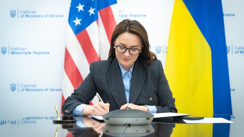 Ukrainian Minister of Economic Development and Trade, Yulia Svyrydenko and the US Secretary of Treasury, Scott Bessent (not seen) sign the outline of a rare earth minerals deal over an online call, in Kyiv, Ukraine on April 17, 2025.