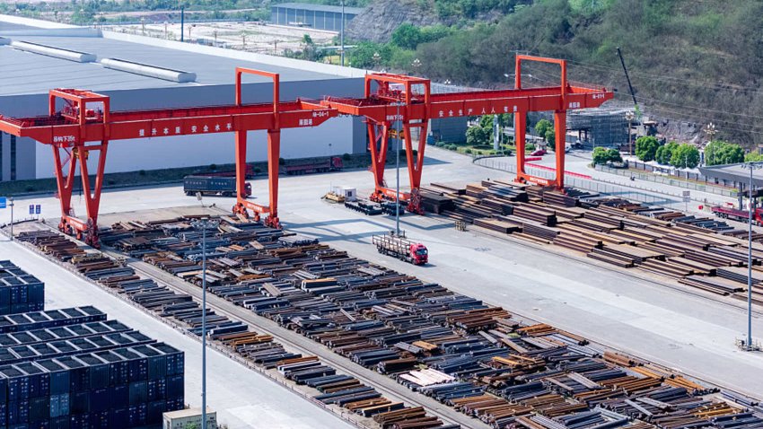 Steel piled up at Guoyuan Port in Chongqing, China, on April 20, 2025.