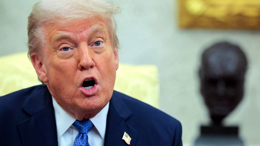 President Donald Trump delivers remarks during a meeting with Norway’s Prime Minister Jonas Gahr Store in the Oval Office at the White House on April 24, 2025 in Washington, DC.