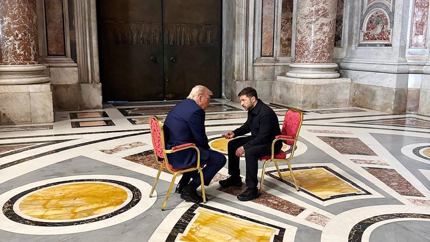 President Donald Trump and Ukrainian President Volodymyr Zelenskyy talk at the funeral of Pope Francis at the Vatican on Saturday.