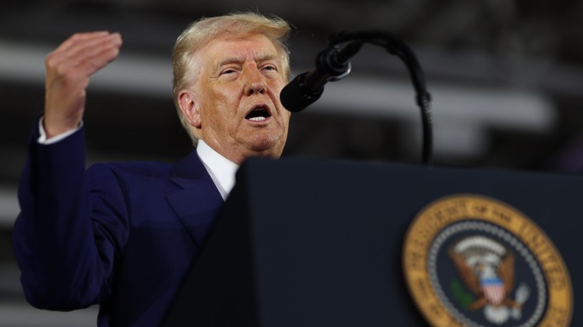 WARREN, MICHIGAN – APRIL 29: President Donald Trump speaks during a rally at Macomb Community College on April 29, 2025 at Warren, Michigan. Trump held the rally to highlight his accomplishments during his first 100 days in office, including closing the border, job creation and the economy.