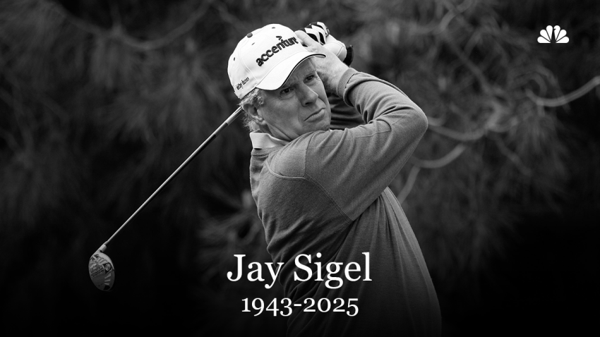 Jay Sigel holding golf club on image with his years of life.