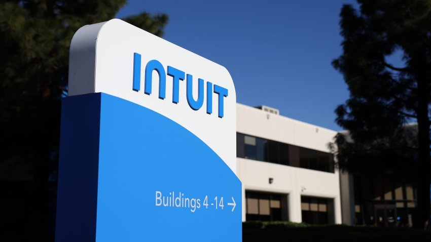 A sign is posted in front of a building at the Intuit headquarters in Mountain View, California, on Nov. 28, 2023.