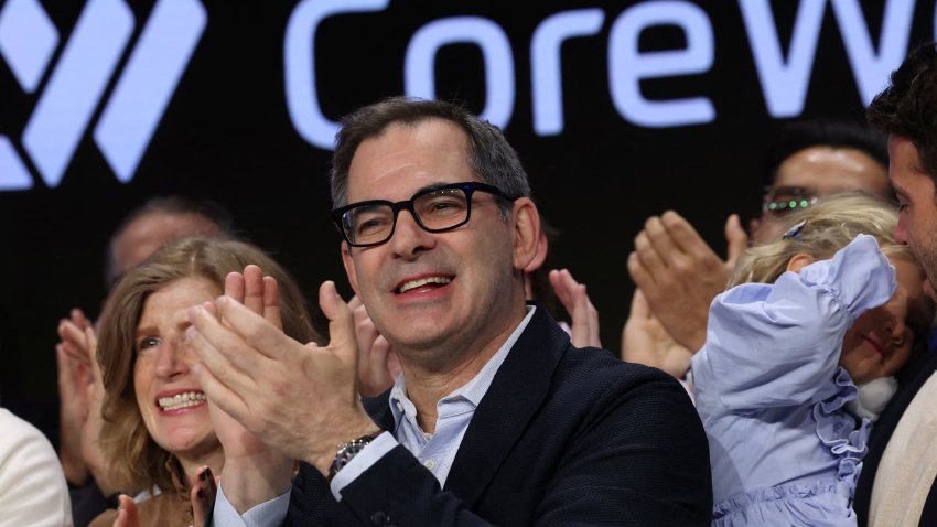 Michael Intrator, Founder & CEO of CoreWeave, Inc., Nvidia-backed cloud services provider, gestures during the company’s IPO at the Nasdaq Market, in New York City, U.S., March 28, 2025. 
