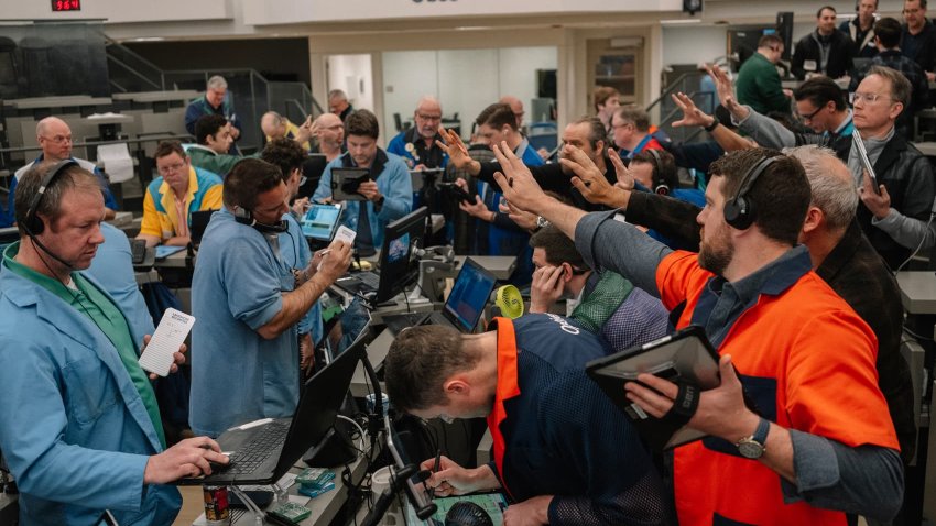 Traders work in the S&P 500 Index (SPX) options pit at the Cboe Global Markets exchange in Chicago, Illinois, US, on Tuesday, April 8, 2025.