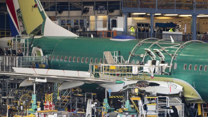 Boeing Co. 737 Max fuselages at the company’s manufacturing facility in Renton, Washington, on April 15, 2025.