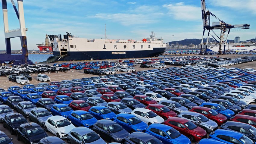 A large number of commercial vehicles were assembled at Yantai Port for shipment and export overseas in Yantai City, Shandong Province, China, on April 24, 2025.