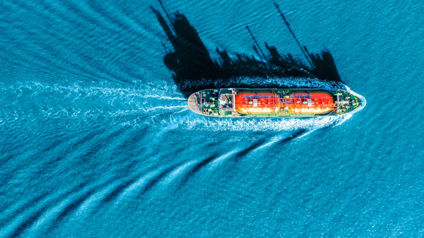 Aerial view Ship Tanker Liquefied Petroleum Gas (LPG) on the sea.
