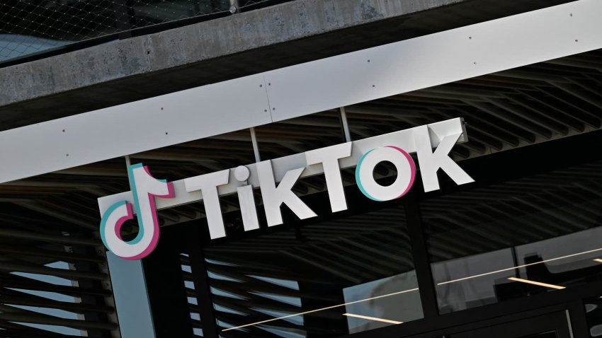 The TikTok logo is seen outside the Chinese video app company’s Los Angeles offices on April 4, 2025 in Culver City, California.