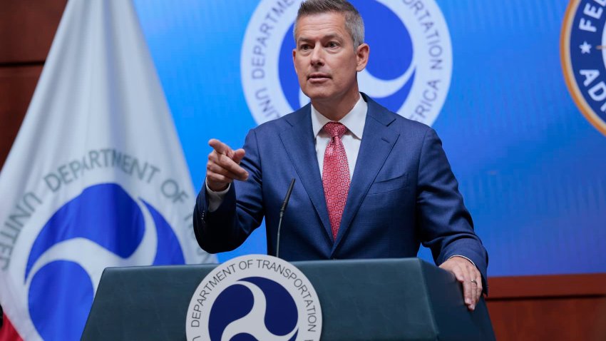 U.S. Transportation Secretary Sean Duffy speaks to reporters during a news conference on Newark Liberty International Airport at the Department of Transportation Headquarters on May 12, 2025 in Washington, DC.