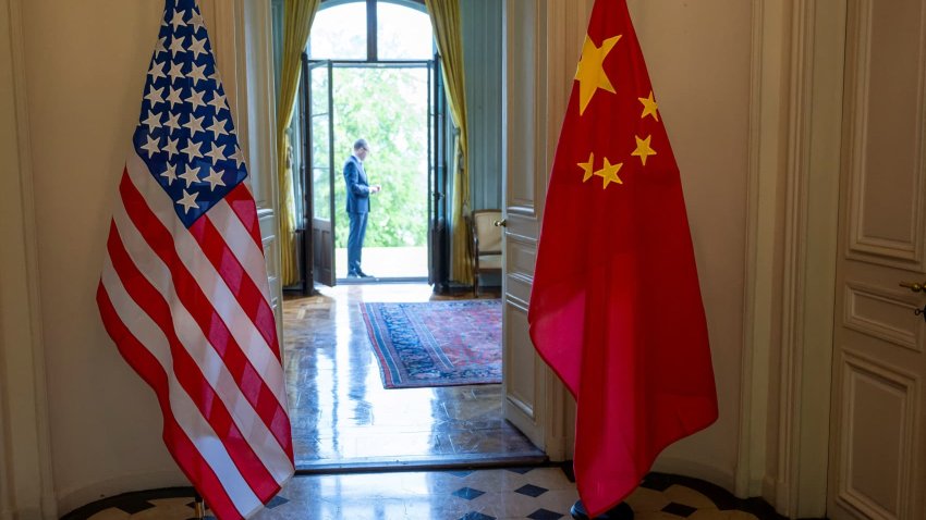 The U.S. and Chinese flags are seen on the day of a bilateral meeting between the U.S. and China, in Geneva, Switzerland, May 10, 2025.