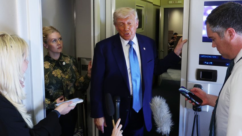 U.S. President Donald J. Trump speaks to media on Air Force One as he departs the Al Bateen Executive Airport in Abu Dhabi, United Arab Emirates, on May 15, 2025.