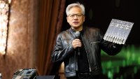 Jensen Huang, co-founder and CEO of Nvidia Corp., speaks during a news conference in Taipei on May 21, 2025. Cheng / AFP) (Photo by I-HWA CHENG/AFP via Getty Images)