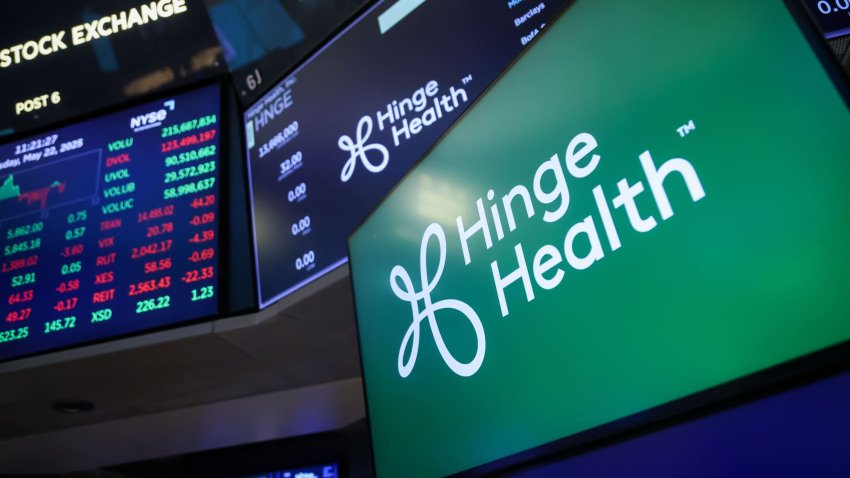 Hinge Health Inc. signage on the floor of the New York Stock Exchange (NYSE) during the company’s initial public offering (IPO) in New York, US, on Thursday, May 22, 2025.
