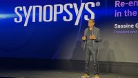 Sassine Ghazi, CEO of semiconductor design software firm Synopsys, explains the company’s plans to have artificial intelligence take over parts of designing computer chips at the company’s annual user conference in Santa Clara, California, on March 19, 2025.