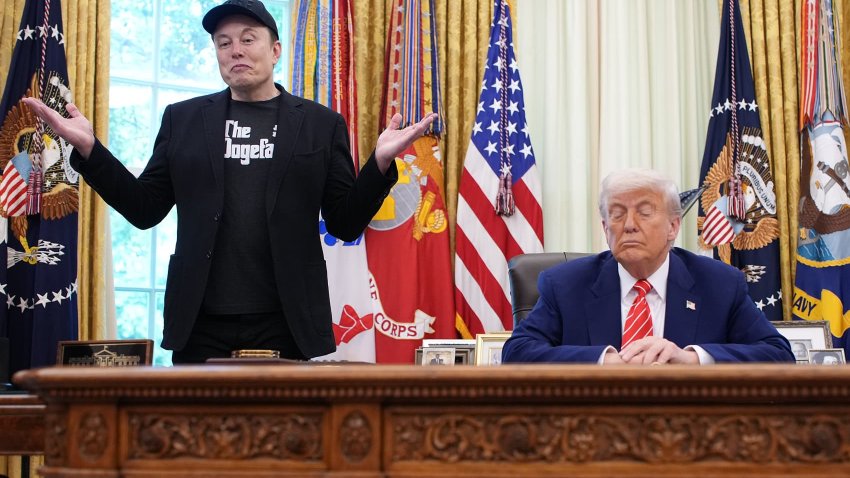 Tesla CEO Elon Musk speaks alongside U.S. President Donald Trump to reporters in the Oval Office of the White House on May 30, 2025 in Washington, DC.