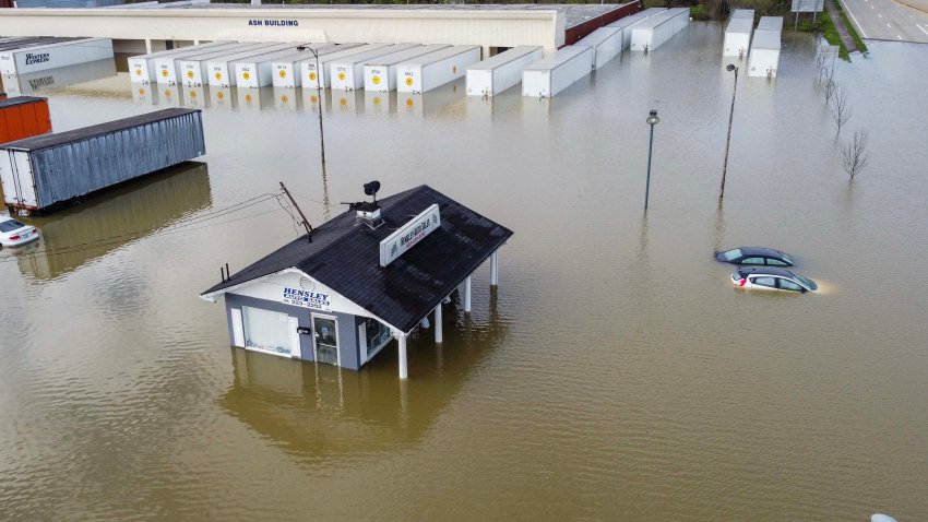 An aerial view of severe flooding in Frankfort, Kentucky