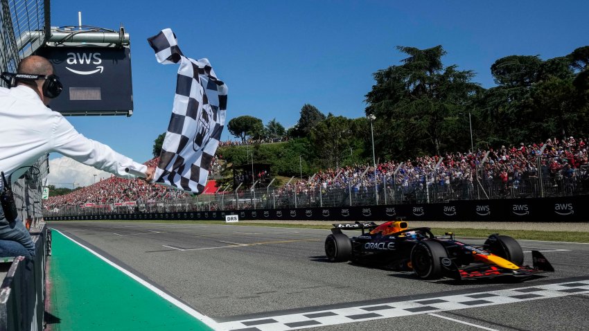 Red Bull Racing's driver Max Verstappen crosses the finish line