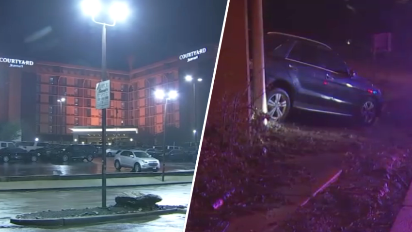 Split image of hotel parking lot and crashed SUV