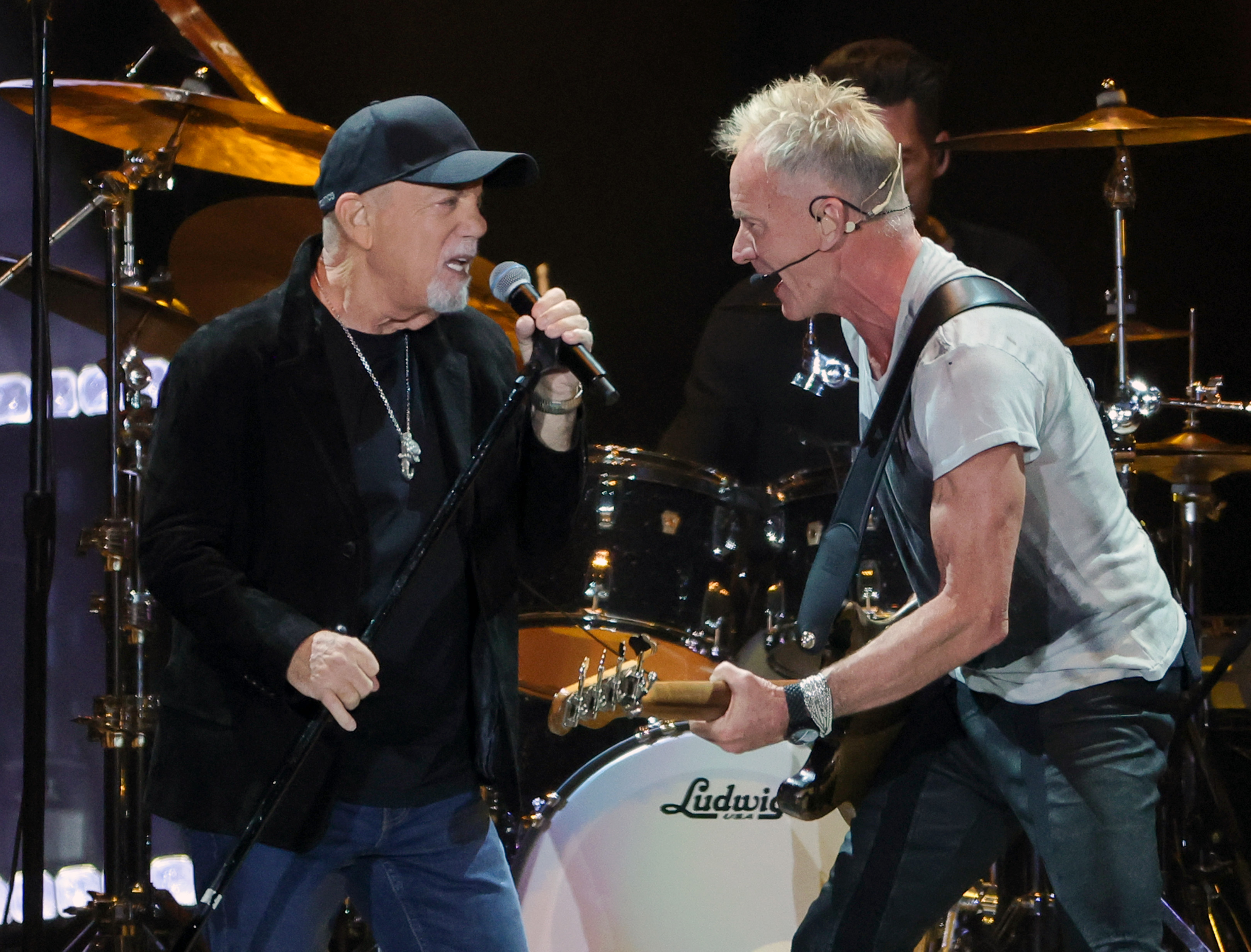LAS VEGAS, NEVADA - NOVEMBER 09: (EDITORIAL USE ONLY) Billy Joel (L) and Sting perform at Allegiant Stadium on November 09, 2024 in Las Vegas, Nevada. (Photo by Ethan Miller/Getty Images)