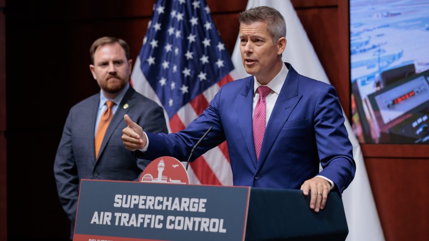 WASHINGTON, DC – MAY 01: U.S. Transportation Secretary Sean Duffy (R) talks to reporters with National Air Traffic Controllers Association President Nick Daniels during a news conference about adding more air traffic controllers to the workforce at the DOT headquarters on May 01, 2025 in Washington, DC. Counter to the Trump Administration’s historic layoffs of federal workers, Duffy announced incentives to train new air traffic controllers and to retain controllers that may be close to retirement.  (Photo by Chip Somodevilla/Getty Images)