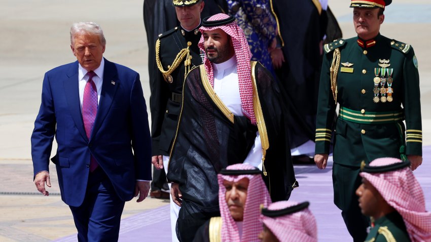 U.S. President Donald Trump is greeted by Saudi Crown Prince Mohammed bin Salman as he arrives at King Khalid International Airport on May 13, 2025, in Riyadh, Saudi Arabia. Trump begins a multi-nation tour of the Gulf region focused on expanding economic ties and reinforcing security cooperation with key U.S. allies.