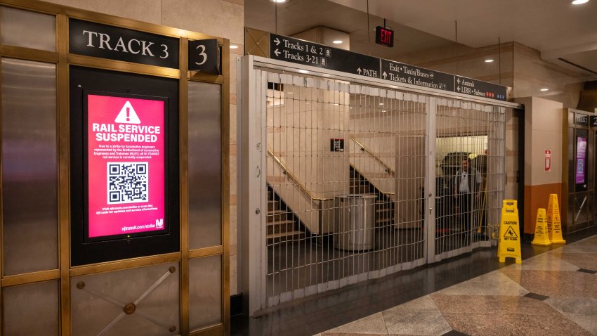 A screen notice warns of a suspended rail service for the New Jersey Transit at Penn Station in New York, US, on Friday, May 16, 2025. NJ Transit locomotive engineers will strike on Friday, triggering a shutdown of the agency’s rail service and disrupting travel for thousands of commuters. Photographer: Yuki Iwamura/Bloomberg via Getty Images