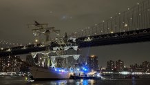 The Mexican naval vessel, the Cuauhtémoc, crashes into the Brooklyn Bridge in New York, US, on Saturday, May 17, 2025. A 270-foot vessel carrying 277 people scraped the bottom of the Brooklyn Bridge on Saturday evening, sending some passengers into the East River and leaving others injured. Photographer: Myles Miller/Bloomberg via Getty Images