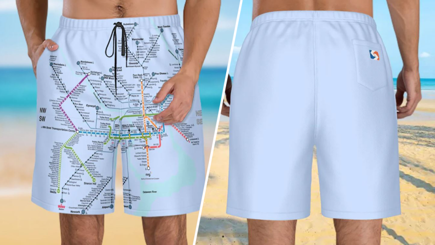 Split image shows SEPTA rail map swim shorts