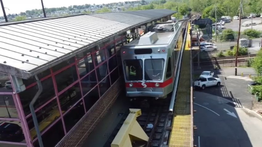 A SEPTA trolley sits idle at the Norristown Transit Center after 8 people were hurt in a crash on Sunday, May 11, 2025.