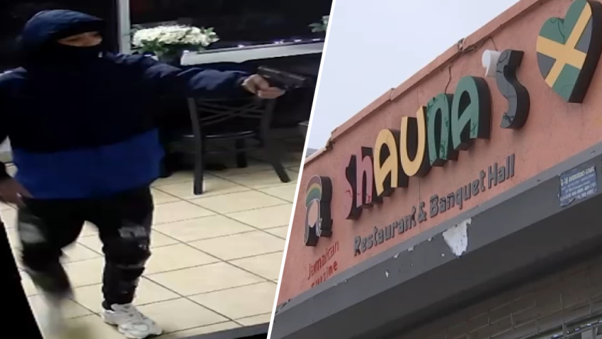 Split image of gunman and Shuana's restaurant.