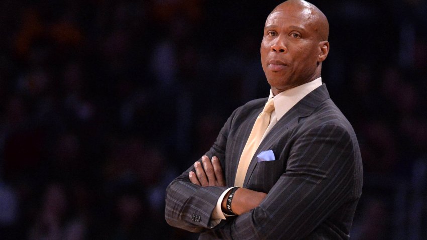 Then-Los Angeles Lakers head coach Byron Scott reacts during an NBA game against the Sacramento Kings at Staples Center.