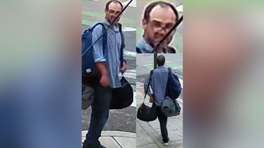 Suspect in surveillance video described as being between 45 and 55 years old, thin and was last seen with a scruffy beard, according to police. At the time, he was wearing a blue and white-colored button down shirt with rimless glasses and blue jeans.