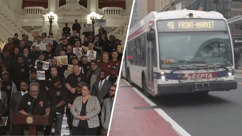 SEPTA workers and Pa. legislators on the steps at the Pennsylvania State Capitol Rotunda and a second photo of SEPTA bus in Center City