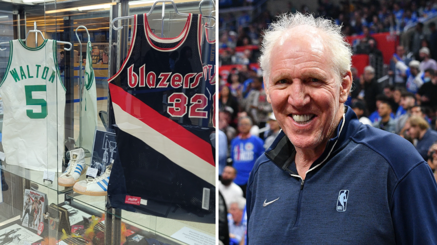 A photo of some pieces up for auction from Bill Walton’s collection next to a photo of Walton at a basketball game between the Los Angeles Clippers and the Phoenix Suns at Crypto.com Arena on April 20, 2023 in Los Angeles, California. (Photo by Allen Berezovsky/Getty Images)