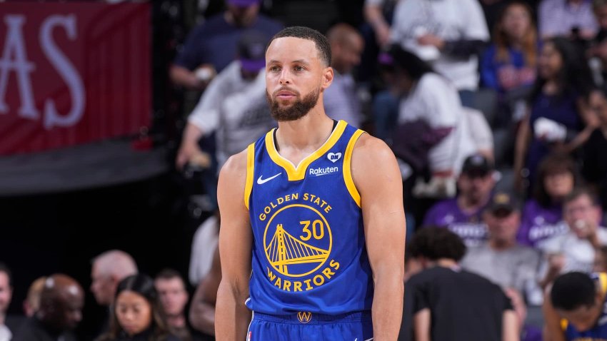 Stephen Curry #30 of the Golden State Warriors looks on during the game against the Sacramento Kings during the 2024 Play-In Tournament on April 16, 2024 at Golden 1 Center in Sacramento, California. 