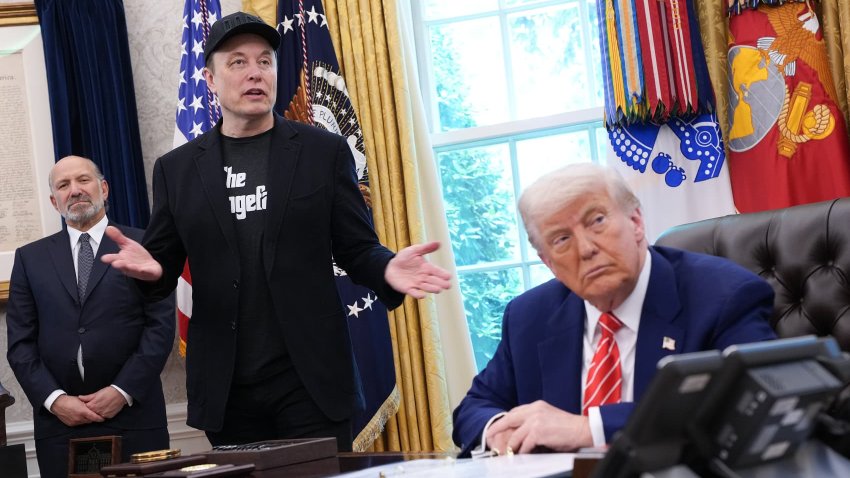 Tesla CEO Elon Musk speaks alongside U.S. President Donald Trump to reporters in the Oval Office of the White House on May 30, 2025 in Washington, DC.