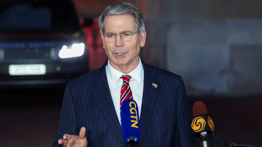 U.S. Treasury Secretary Scott Bessent speaks with the media as he departs to return to the U.S., while trade talks between the U.S. and China continue, in London, Britain, June 10, 2025.
