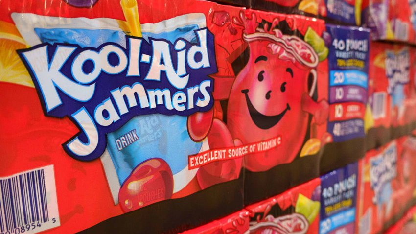 Cases of Kool-Aid Jammers are stacked at a Costco Wholesale store on April 27, 2025 in San Diego, California.
