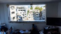 A general view of the partially collapsed buildings damaged by some of the ballistic missiles launched by Iran on June 18, 2025 in Tel Aviv, Israel.