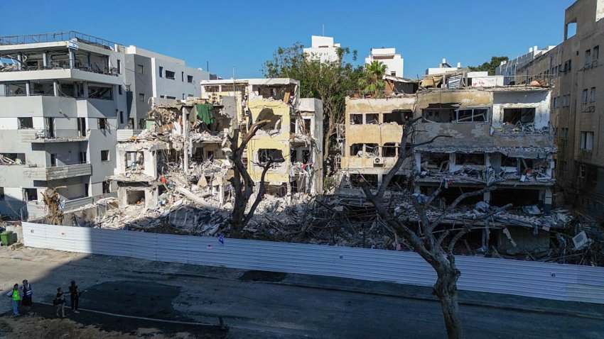 A general view of the partially collapsed buildings damaged by some of the ballistic missiles launched by Iran on June 18, 2025, in Tel Aviv, Israel.