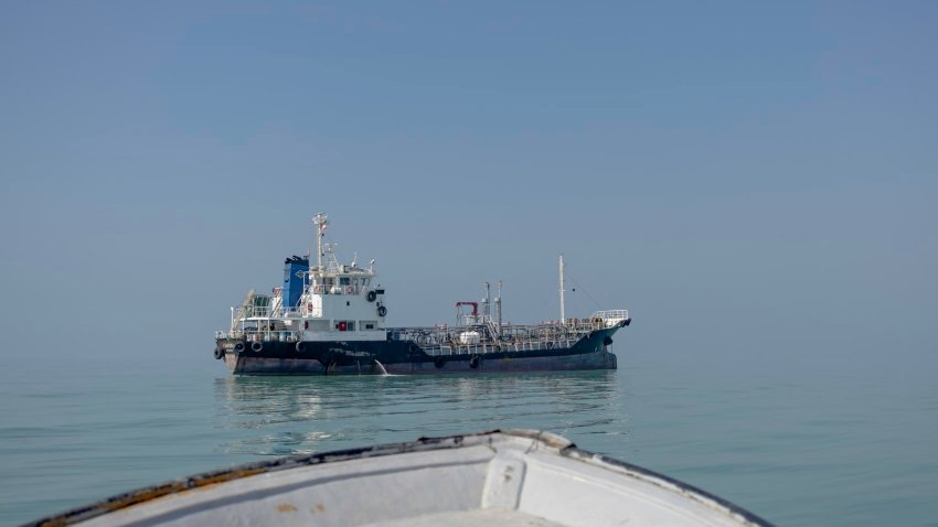 A large commercial ship floats off the coast in Bushehr, Iran, on January 15, 2025. Bushehr is Iran’s first nuclear seaport.