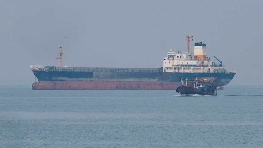 An oil tanker is being pictured in the Persian Gulf near the seaport city of Bushehr, in Bushehr Province, southern Iran, on April 29, 2024.