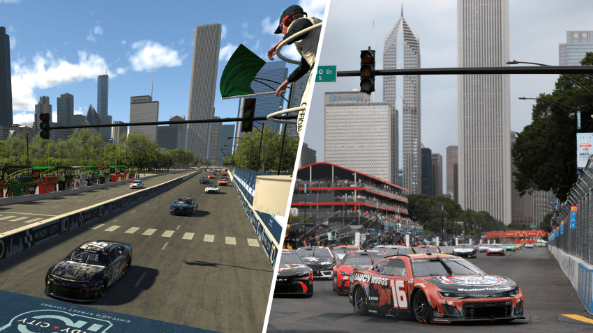 Split image of iRacing and the real-life NASCAR race in Chicago