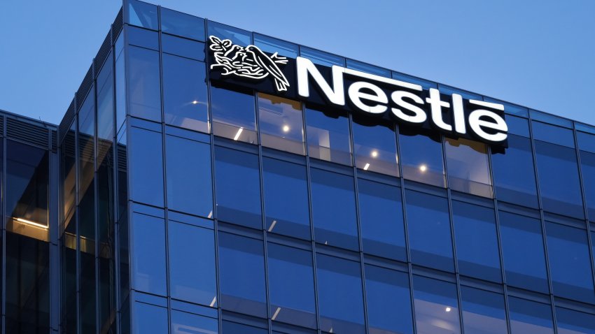ARLINGTON, VA – May 15, 2025: The corporate logo for the Nestlé food company is seen on the top of their U.S. headquarters building on May 16, 2025, in Arlington, VA.