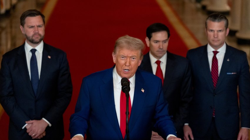 US Vice President JD Vance, from left, US President Donald Trump, Marco Rubio, US secretary of state, and Pete Hegseth, US secretary of defense, during an address to the nation in the East Room of the White House in Washington, DC, US, on Saturday, June 21, 2025. Trump said the US military struck three sites in Iran on Saturday, marking the first American involvement in direct attacks against Iranian nuclear assets in its conflict with Israel.